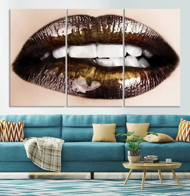 The living room showcases a breathtaking Lips Canvas Artwork Lips Wall Art Print, featuring a gallery-wrapped design on the wall.