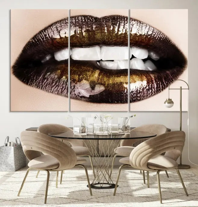 The living room showcases a breathtaking Lips Canvas Artwork Lips Wall Art Print, featuring a gallery-wrapped design on the wall.