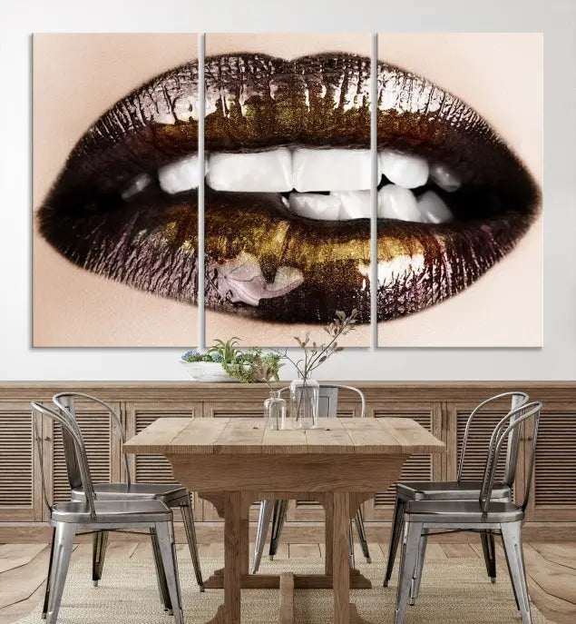 The living room showcases a breathtaking Lips Canvas Artwork Lips Wall Art Print, featuring a gallery-wrapped design on the wall.