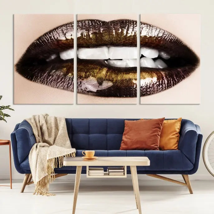 The living room showcases a breathtaking Lips Canvas Artwork Lips Wall Art Print, featuring a gallery-wrapped design on the wall.