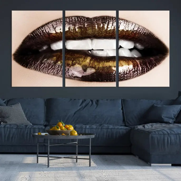 The living room showcases a breathtaking Lips Canvas Artwork Lips Wall Art Print, featuring a gallery-wrapped design on the wall.