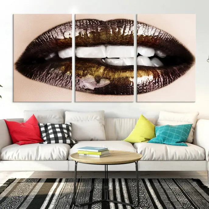 The living room showcases a breathtaking Lips Canvas Artwork Lips Wall Art Print, featuring a gallery-wrapped design on the wall.