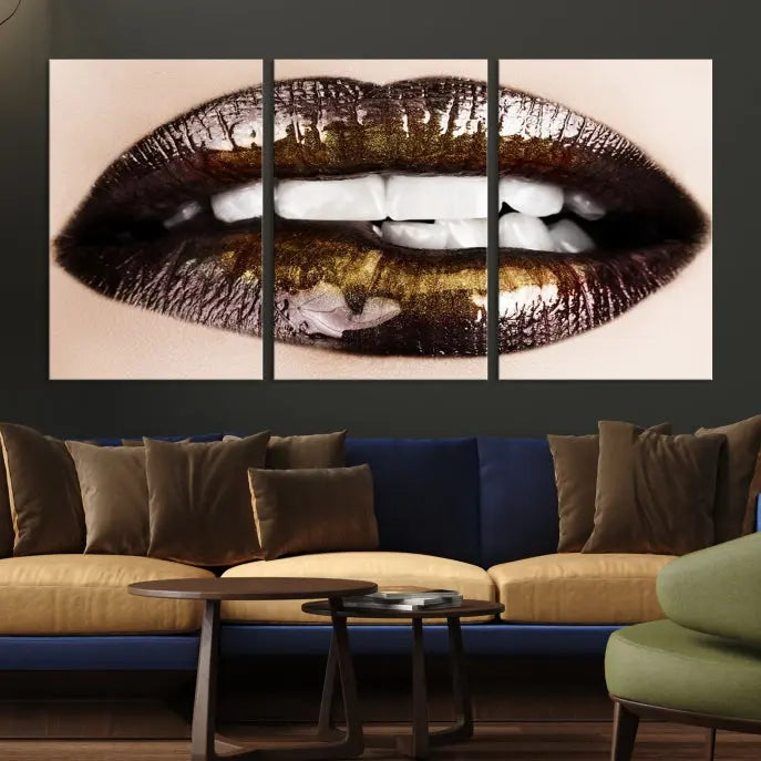 The living room showcases a breathtaking Lips Canvas Artwork Lips Wall Art Print, featuring a gallery-wrapped design on the wall.