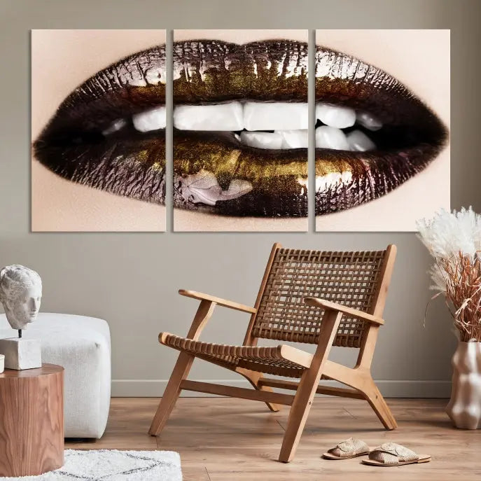 The living room showcases a breathtaking Lips Canvas Artwork Lips Wall Art Print, featuring a gallery-wrapped design on the wall.