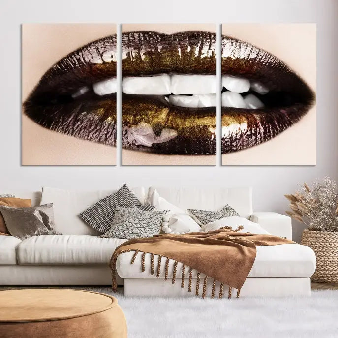 The living room showcases a breathtaking Lips Canvas Artwork Lips Wall Art Print, featuring a gallery-wrapped design on the wall.