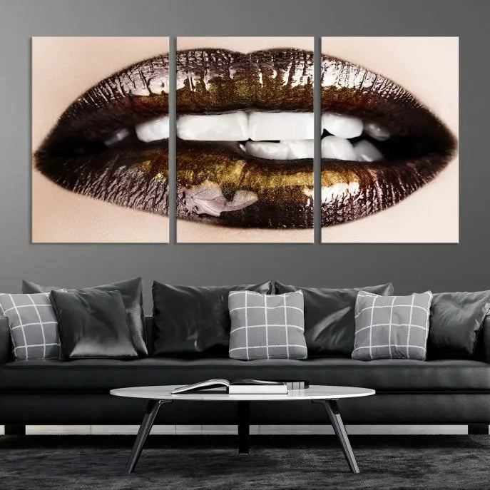 The living room showcases a breathtaking Lips Canvas Artwork Lips Wall Art Print, featuring a gallery-wrapped design on the wall.