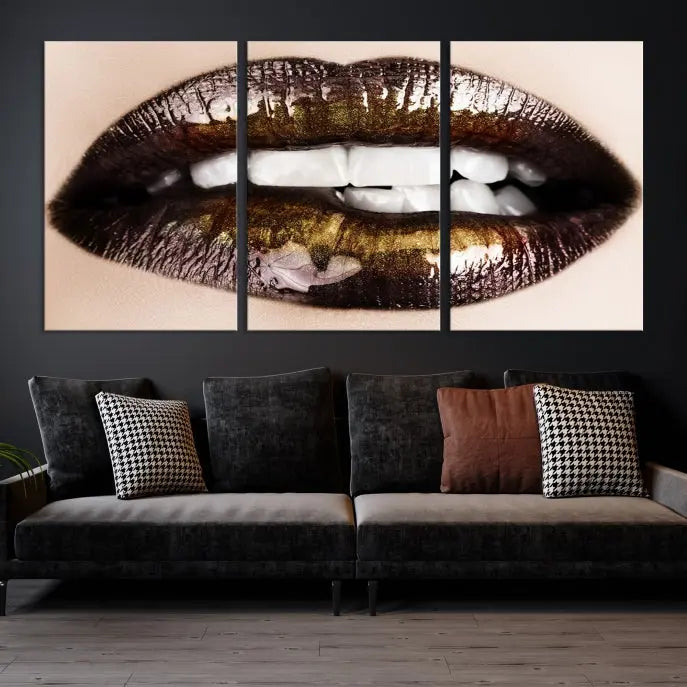 The living room showcases a breathtaking Lips Canvas Artwork Lips Wall Art Print, featuring a gallery-wrapped design on the wall.