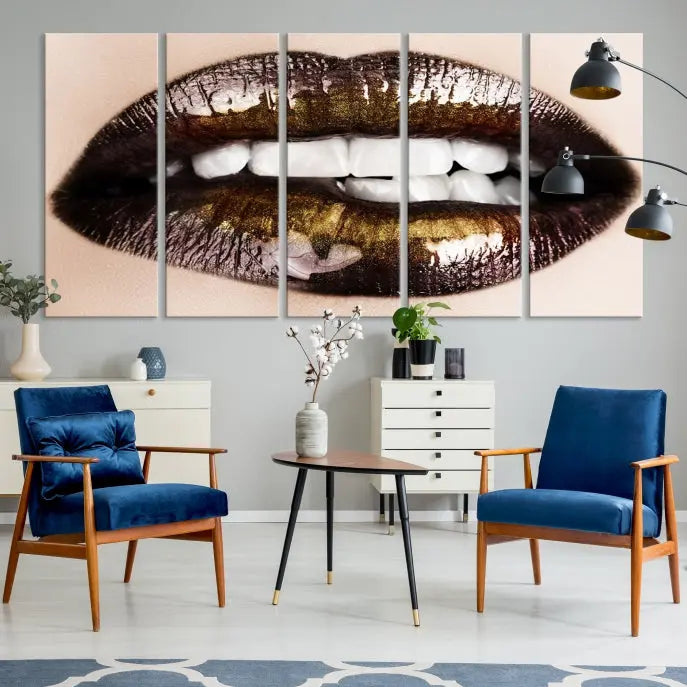 The living room showcases a breathtaking Lips Canvas Artwork Lips Wall Art Print, featuring a gallery-wrapped design on the wall.