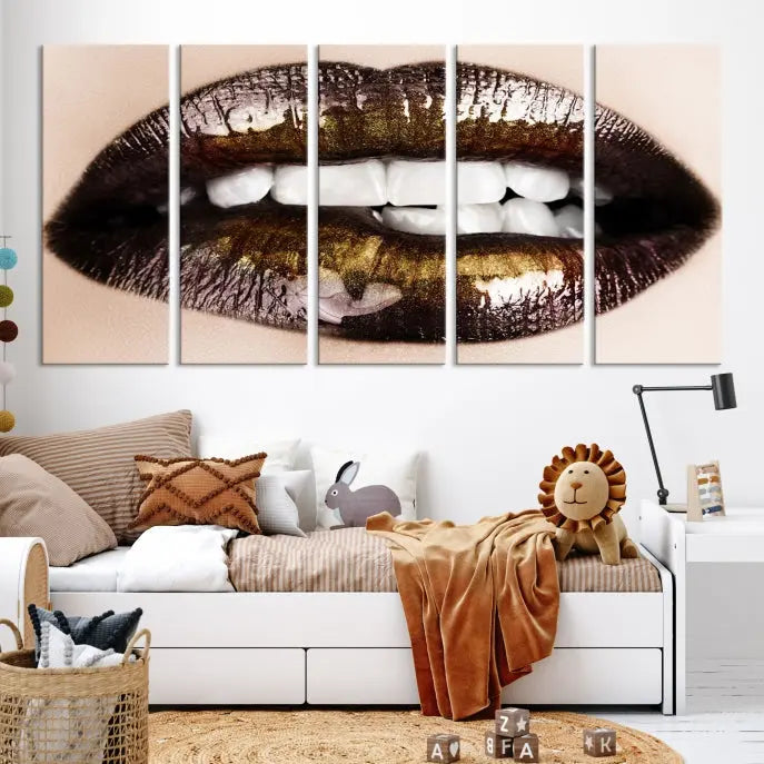 The living room showcases a breathtaking Lips Canvas Artwork Lips Wall Art Print, featuring a gallery-wrapped design on the wall.