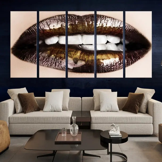 The living room showcases a breathtaking Lips Canvas Artwork Lips Wall Art Print, featuring a gallery-wrapped design on the wall.