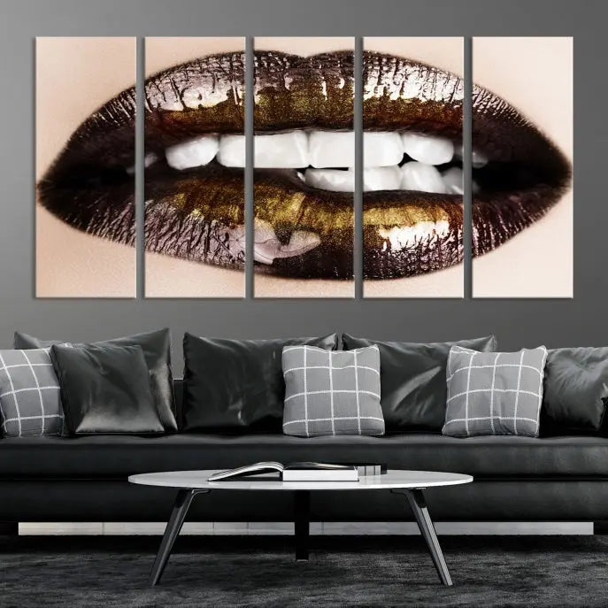 The living room showcases a breathtaking Lips Canvas Artwork Lips Wall Art Print, featuring a gallery-wrapped design on the wall.