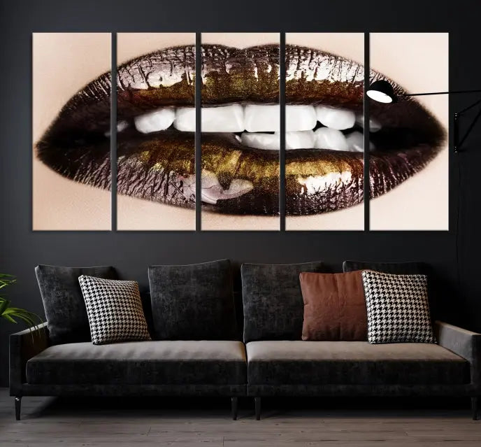 The living room showcases a breathtaking Lips Canvas Artwork Lips Wall Art Print, featuring a gallery-wrapped design on the wall.