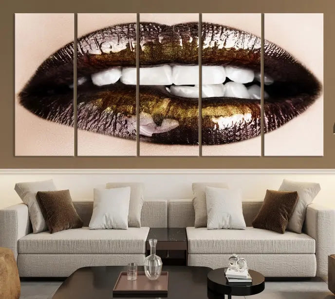 The living room showcases a breathtaking Lips Canvas Artwork Lips Wall Art Print, featuring a gallery-wrapped design on the wall.