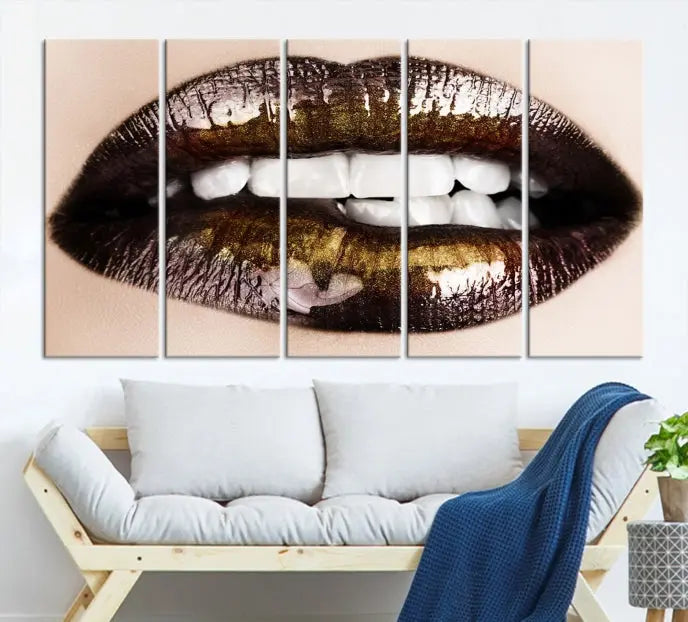 The living room showcases a breathtaking Lips Canvas Artwork Lips Wall Art Print, featuring a gallery-wrapped design on the wall.