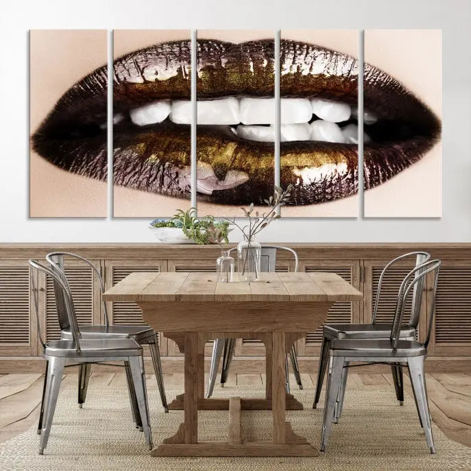 The living room showcases a breathtaking Lips Canvas Artwork Lips Wall Art Print, featuring a gallery-wrapped design on the wall.