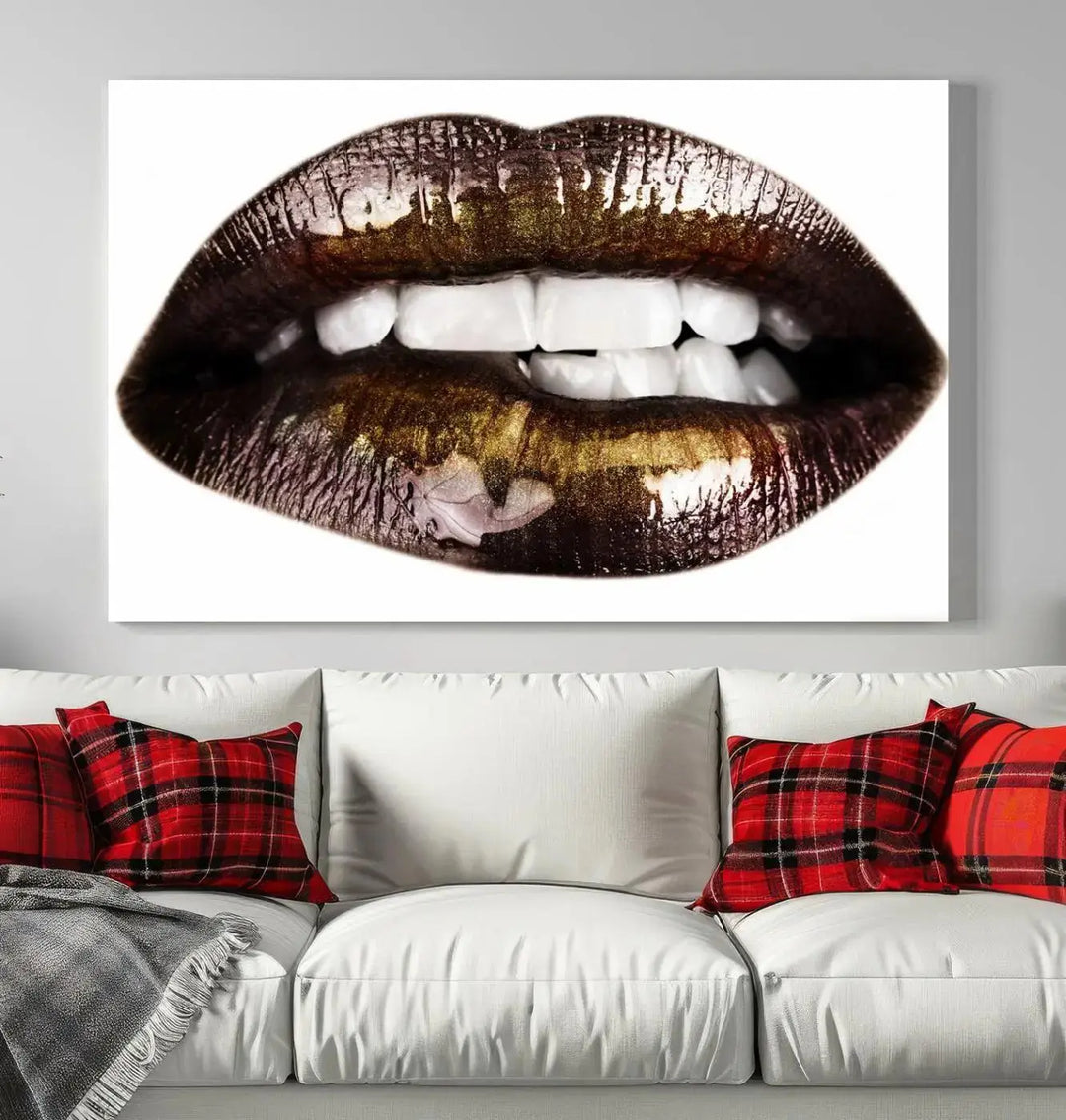 Close-up of the Lips Makeup Canvas Wall Art Print, showcasing glossy lips with gold and dark tones.