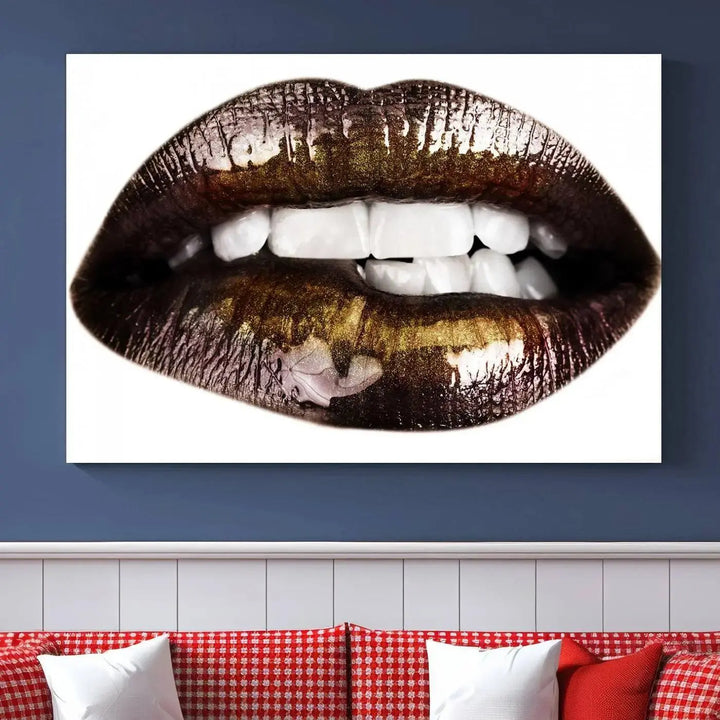 Close-up of the Lips Makeup Canvas Wall Art Print, showcasing glossy lips with gold and dark tones.