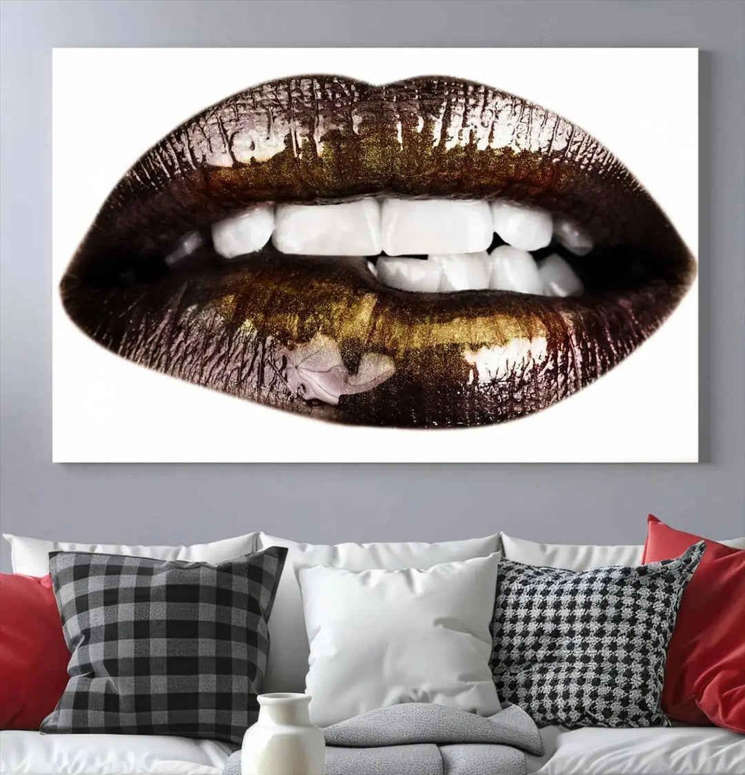 Close-up of the Lips Makeup Canvas Wall Art Print, showcasing glossy lips with gold and dark tones.