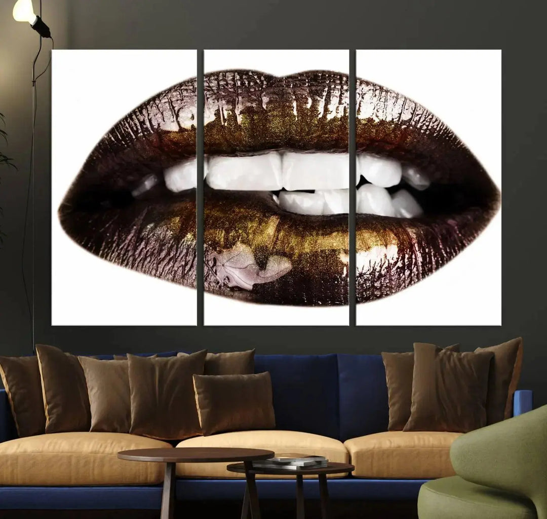 Close-up of the Lips Makeup Canvas Wall Art Print, showcasing glossy lips with gold and dark tones.