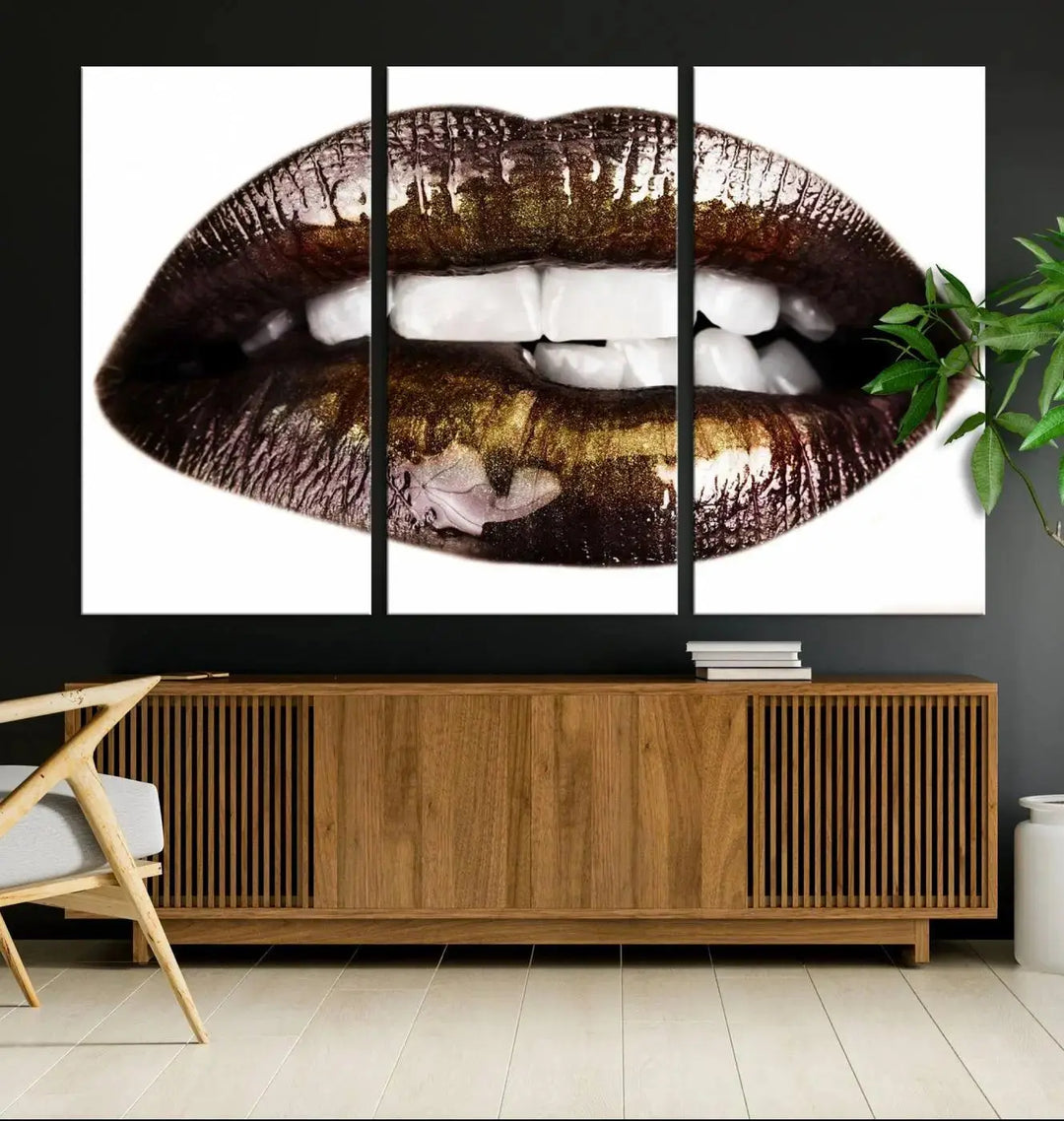 Close-up of the Lips Makeup Canvas Wall Art Print, showcasing glossy lips with gold and dark tones.