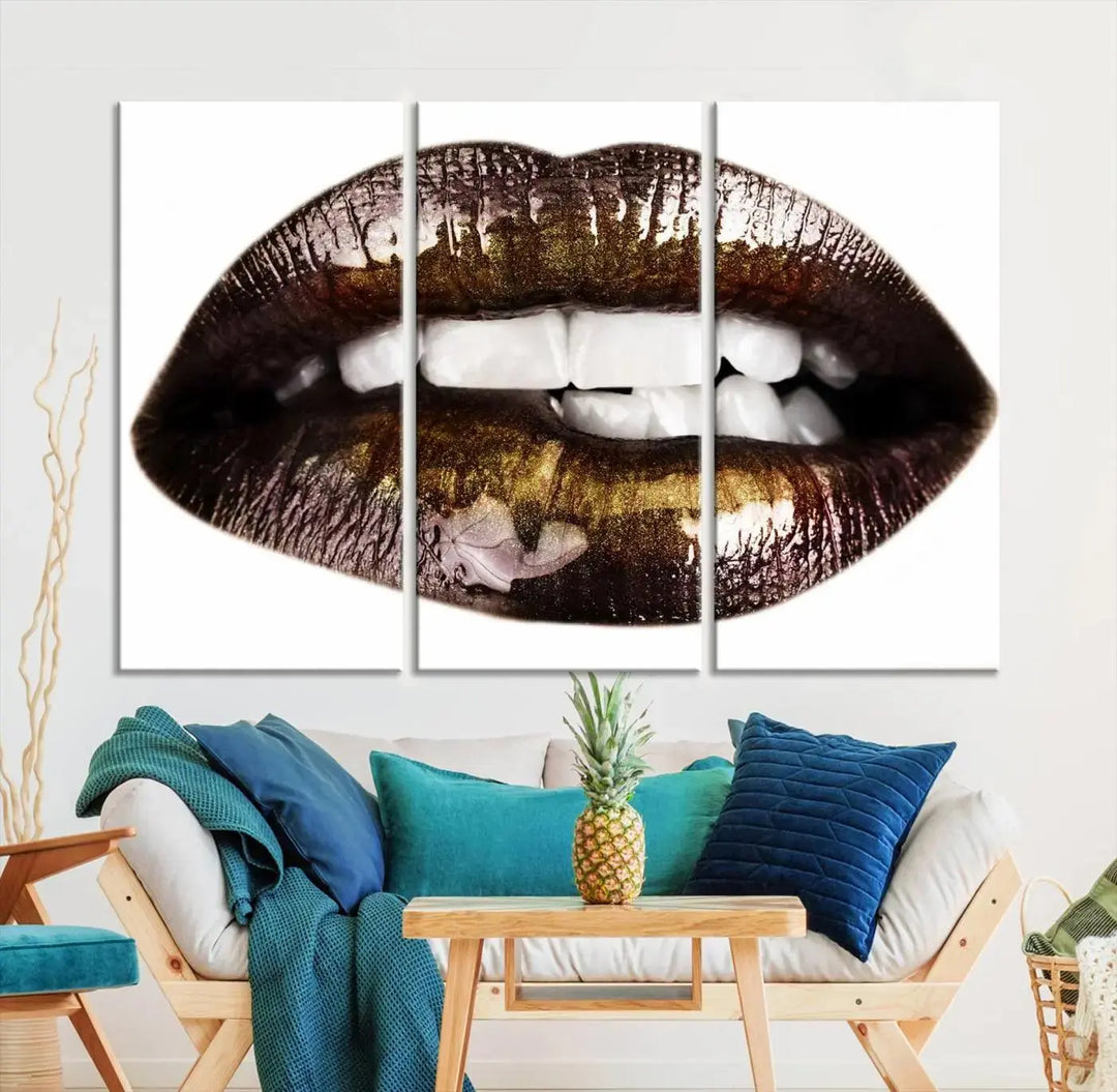 Close-up of the Lips Makeup Canvas Wall Art Print, showcasing glossy lips with gold and dark tones.