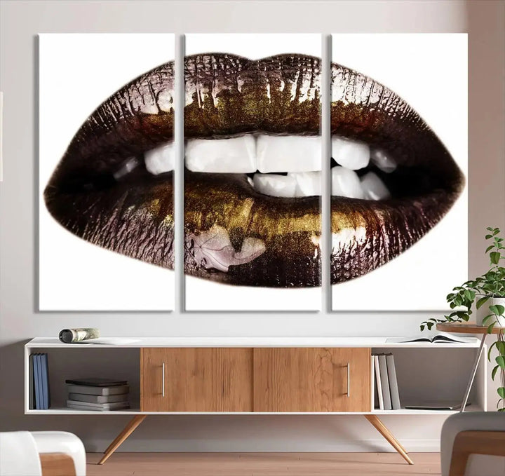 Close-up of the Lips Makeup Canvas Wall Art Print, showcasing glossy lips with gold and dark tones.