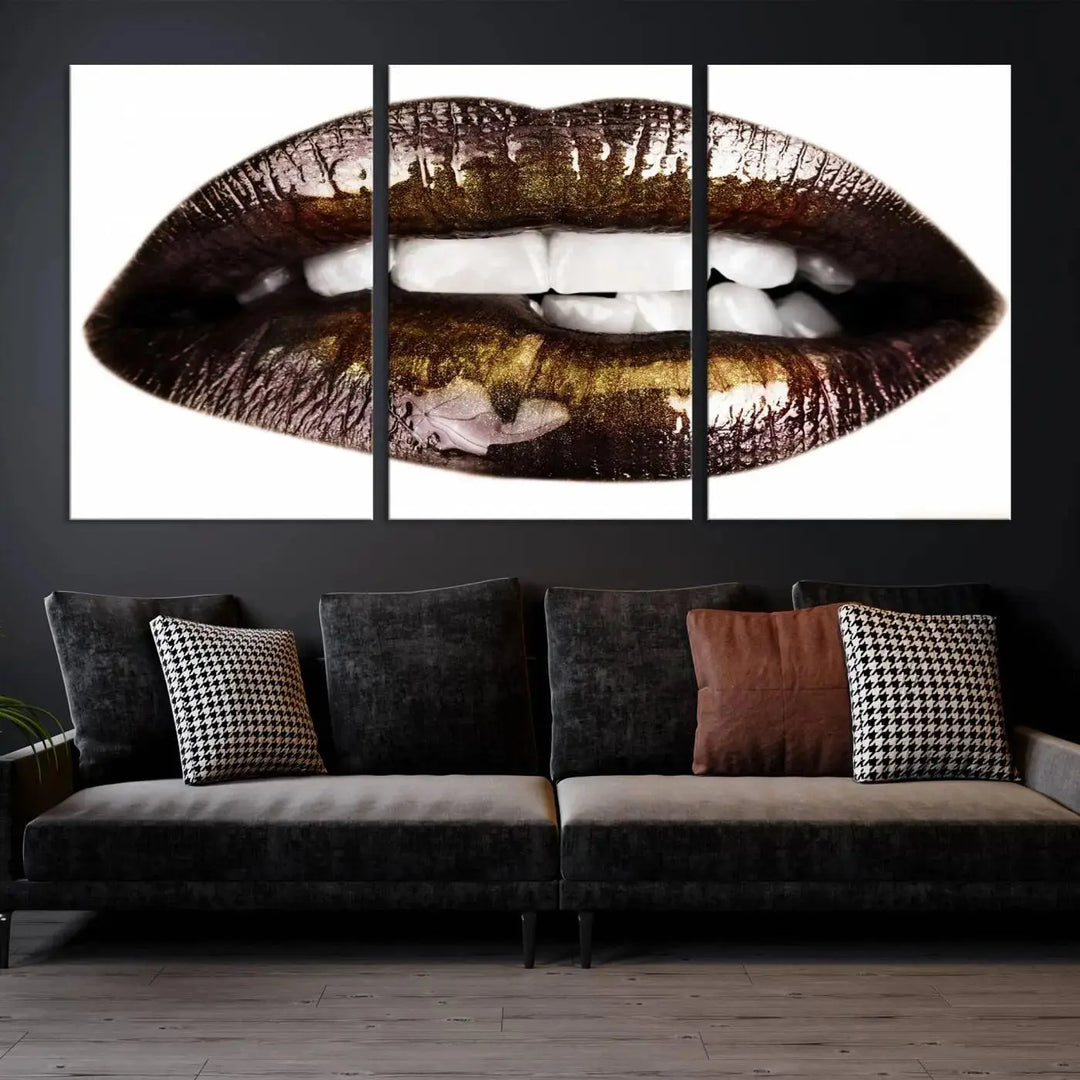 Close-up of the Lips Makeup Canvas Wall Art Print, showcasing glossy lips with gold and dark tones.