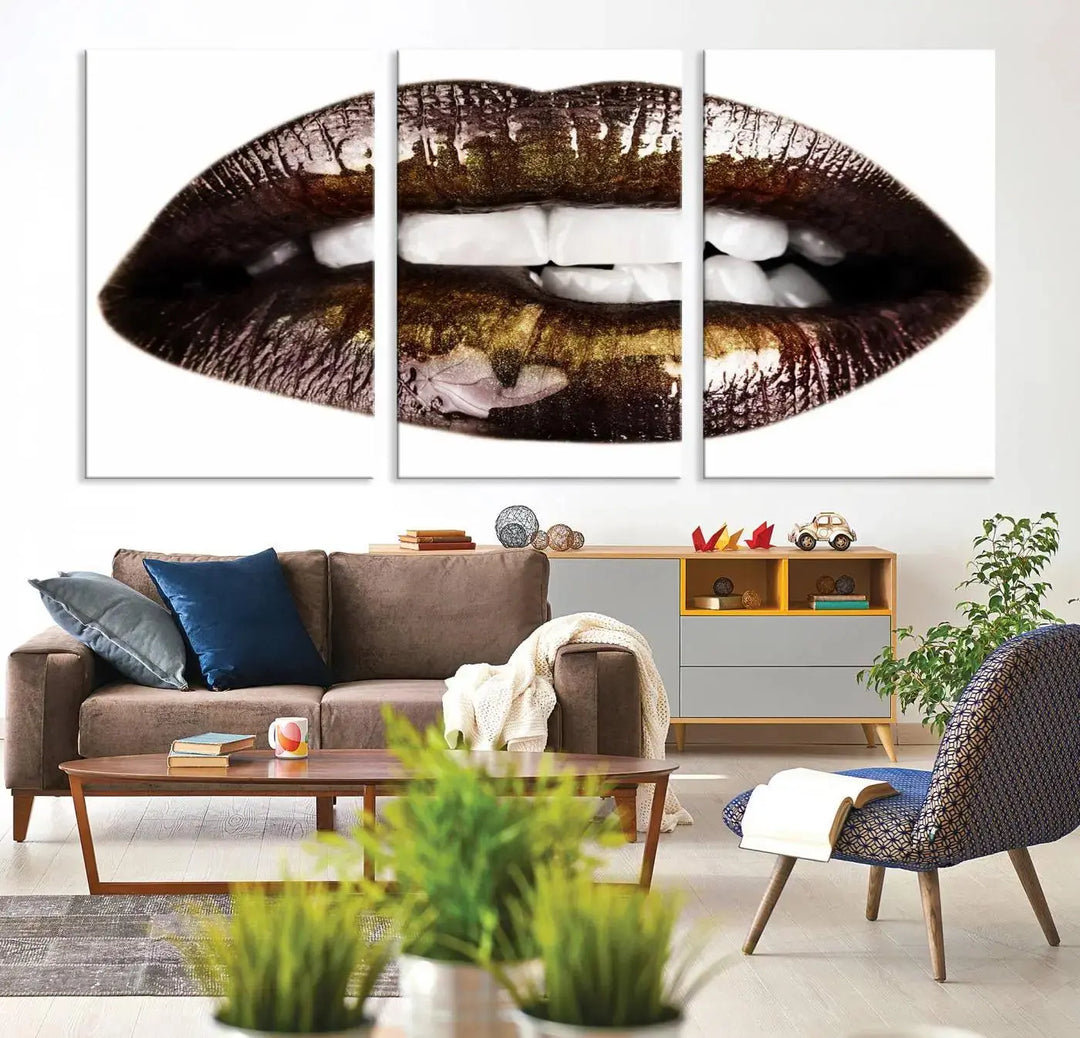 Close-up of the Lips Makeup Canvas Wall Art Print, showcasing glossy lips with gold and dark tones.