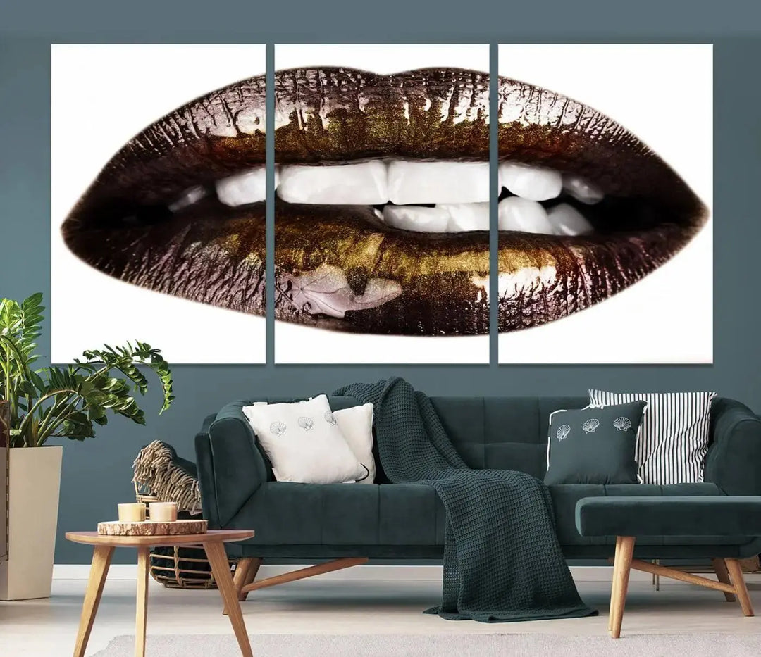 Close-up of the Lips Makeup Canvas Wall Art Print, showcasing glossy lips with gold and dark tones.