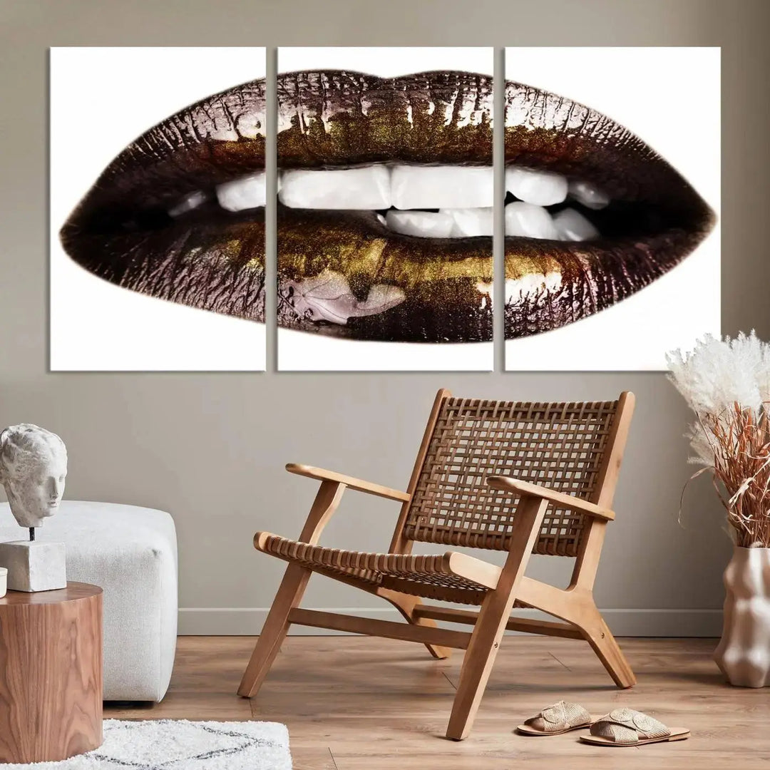 Close-up of the Lips Makeup Canvas Wall Art Print, showcasing glossy lips with gold and dark tones.