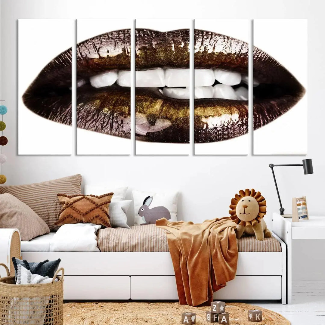 Close-up of the Lips Makeup Canvas Wall Art Print, showcasing glossy lips with gold and dark tones.