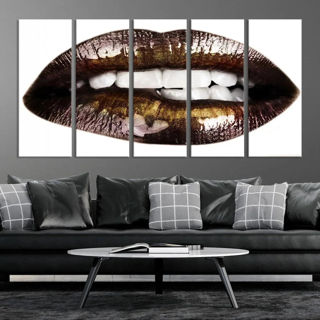 Close-up of the Lips Makeup Canvas Wall Art Print, showcasing glossy lips with gold and dark tones.