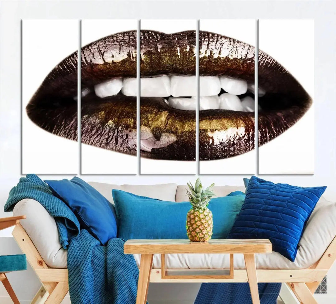 Close-up of the Lips Makeup Canvas Wall Art Print, showcasing glossy lips with gold and dark tones.