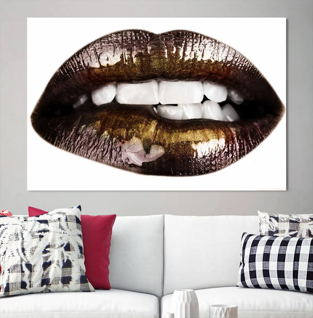 Close-up of the Lips Makeup Canvas Wall Art Print, showcasing glossy lips with gold and dark tones.