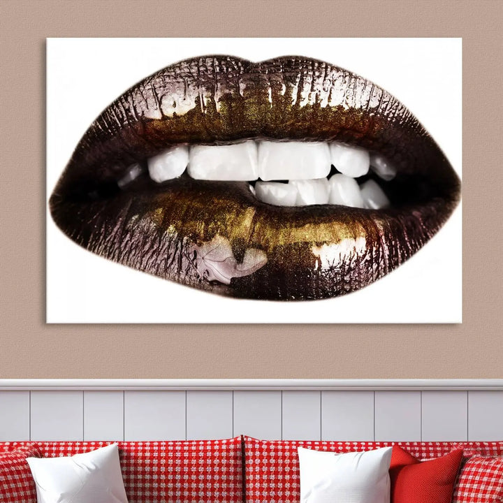 Close-up of the Lips Makeup Canvas Wall Art Print, showcasing glossy lips with gold and dark tones.