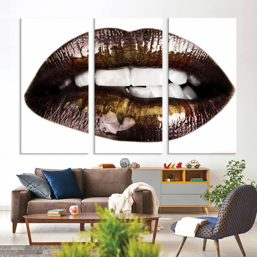 Close-up of the Lips Makeup Canvas Wall Art Print, showcasing glossy lips with gold and dark tones.