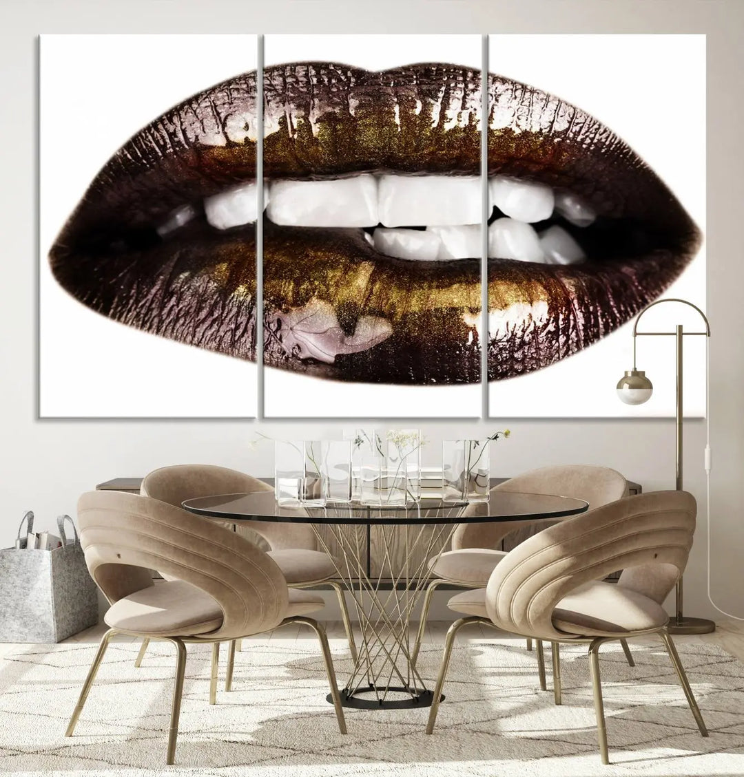 Close-up of the Lips Makeup Canvas Wall Art Print, showcasing glossy lips with gold and dark tones.