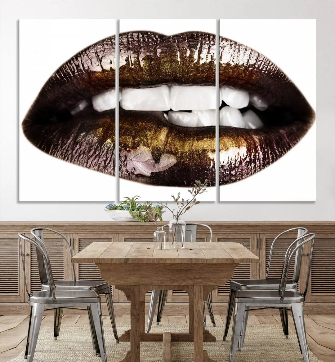 Close-up of the Lips Makeup Canvas Wall Art Print, showcasing glossy lips with gold and dark tones.