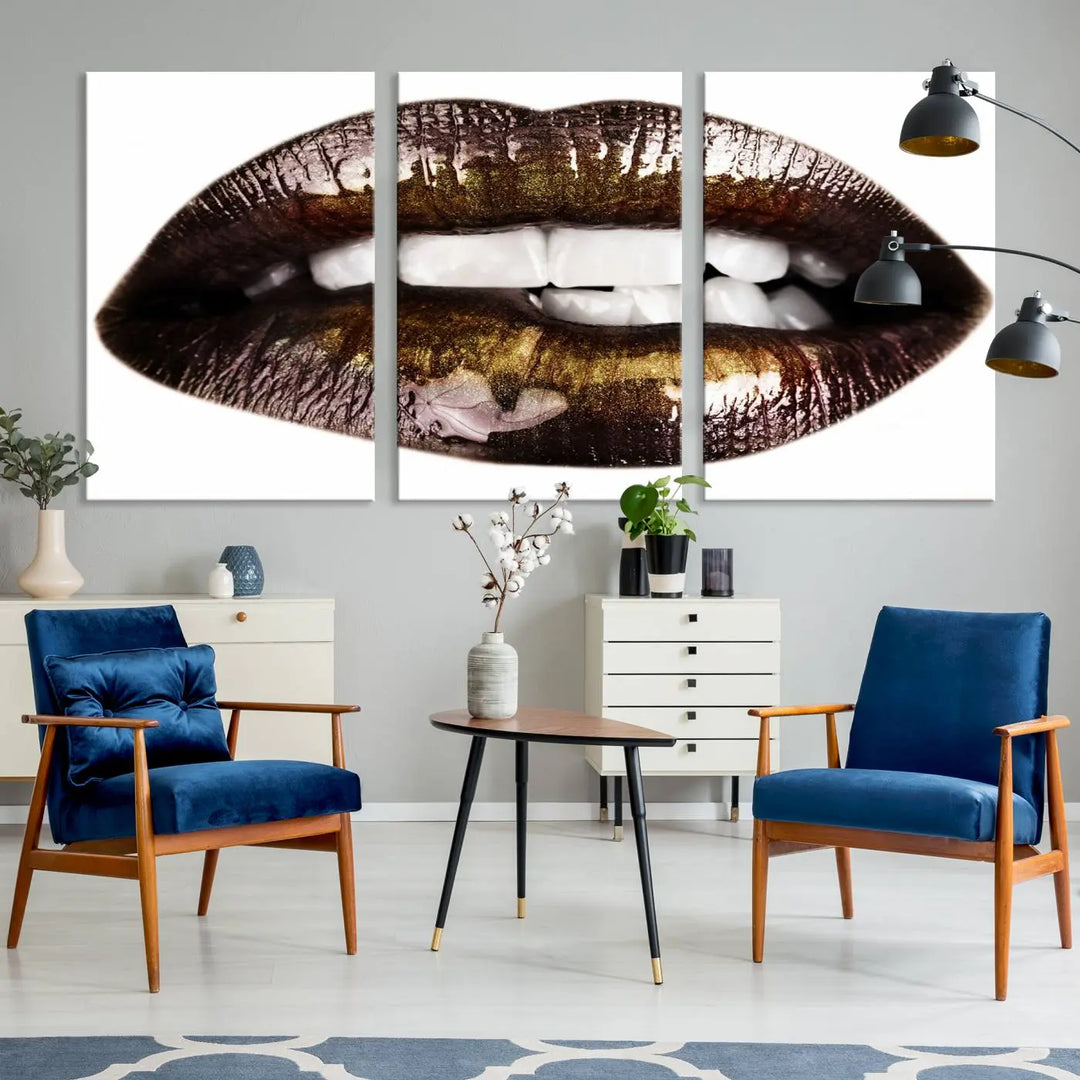 Close-up of the Lips Makeup Canvas Wall Art Print, showcasing glossy lips with gold and dark tones.