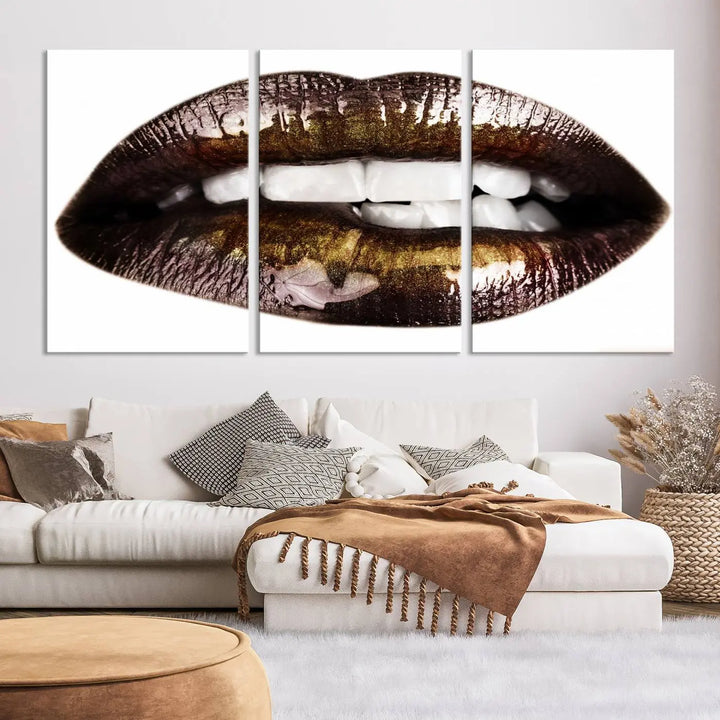 Close-up of the Lips Makeup Canvas Wall Art Print, showcasing glossy lips with gold and dark tones.