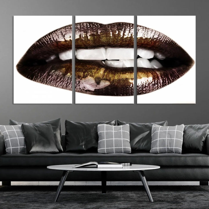 Close-up of the Lips Makeup Canvas Wall Art Print, showcasing glossy lips with gold and dark tones.