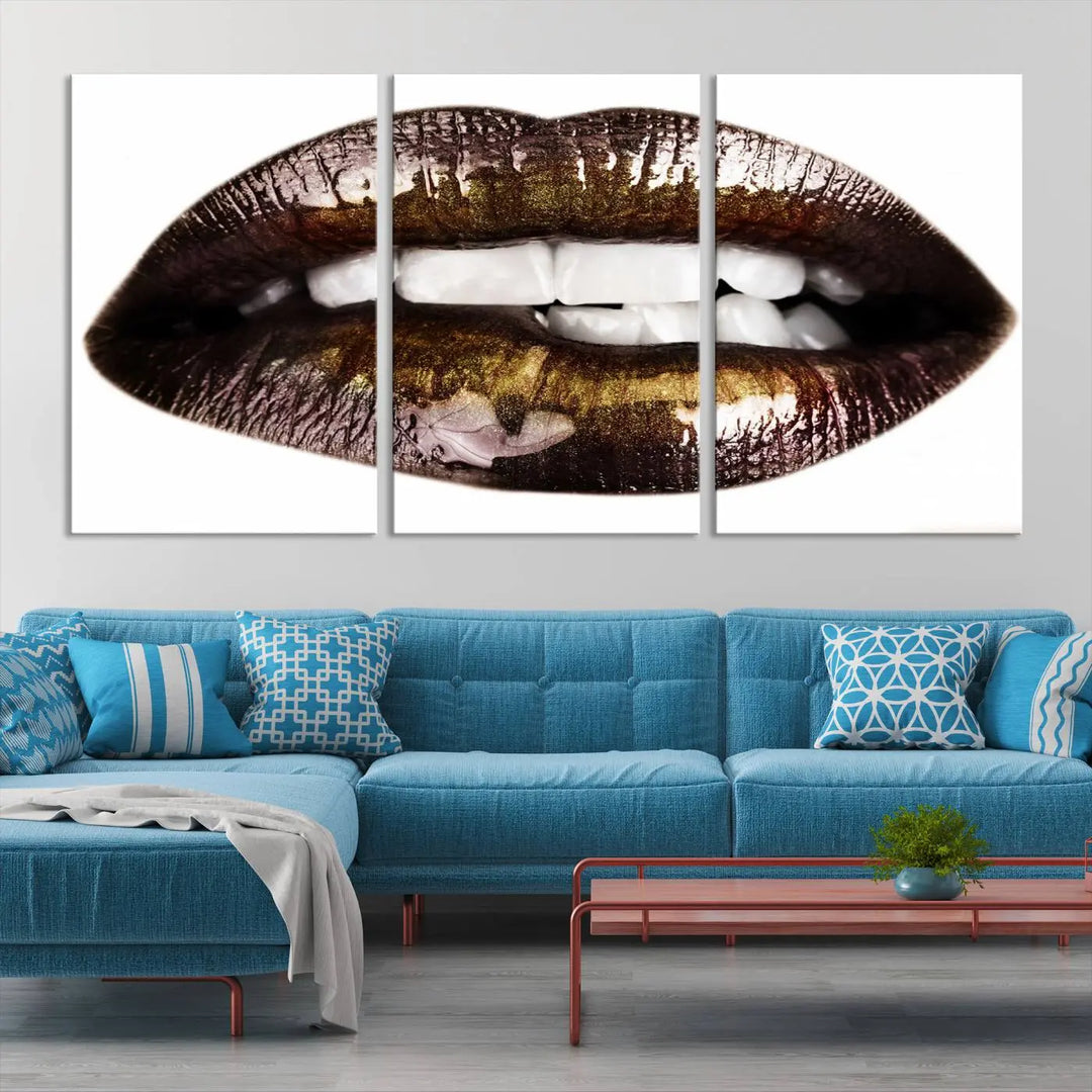 Close-up of the Lips Makeup Canvas Wall Art Print, showcasing glossy lips with gold and dark tones.