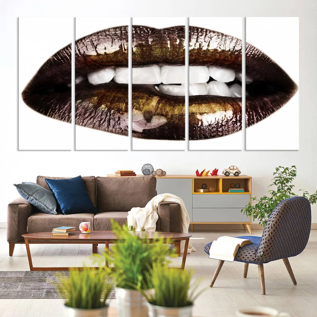 Close-up of the Lips Makeup Canvas Wall Art Print, showcasing glossy lips with gold and dark tones.