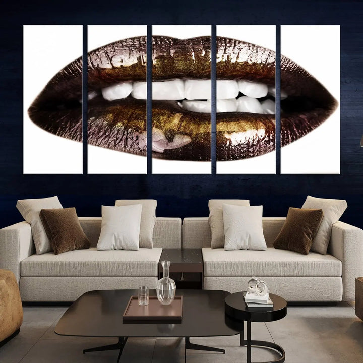 Close-up of the Lips Makeup Canvas Wall Art Print, showcasing glossy lips with gold and dark tones.