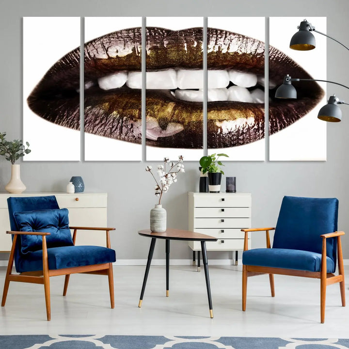 Close-up of the Lips Makeup Canvas Wall Art Print, showcasing glossy lips with gold and dark tones.