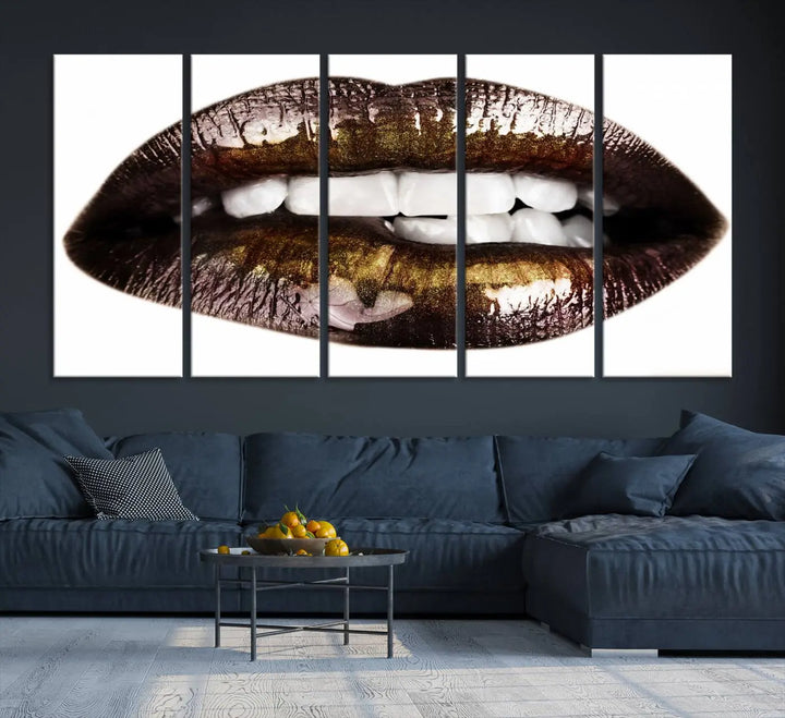 Close-up of the Lips Makeup Canvas Wall Art Print, showcasing glossy lips with gold and dark tones.