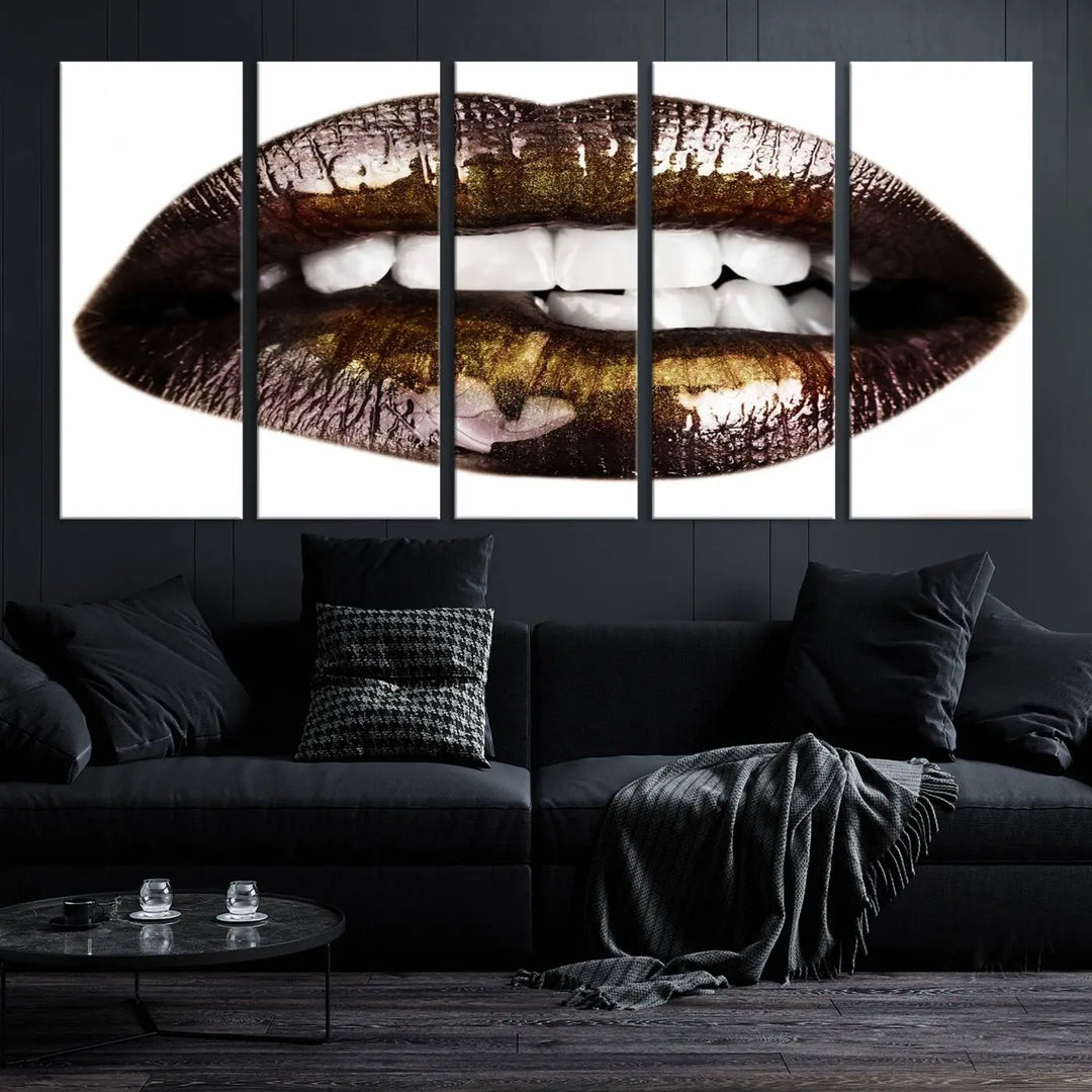 Close-up of the Lips Makeup Canvas Wall Art Print, showcasing glossy lips with gold and dark tones.