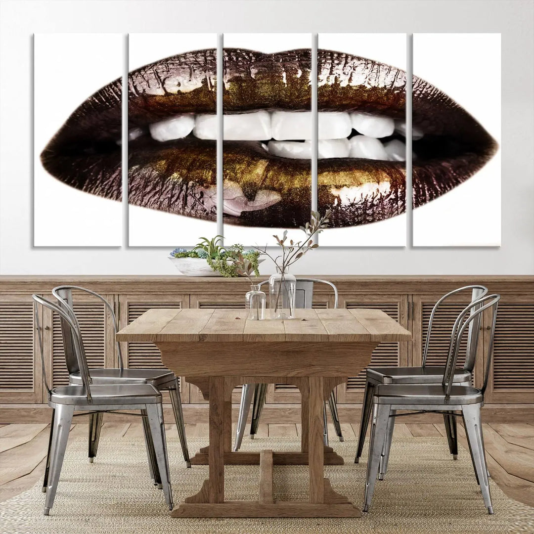 Close-up of the Lips Makeup Canvas Wall Art Print, showcasing glossy lips with gold and dark tones.