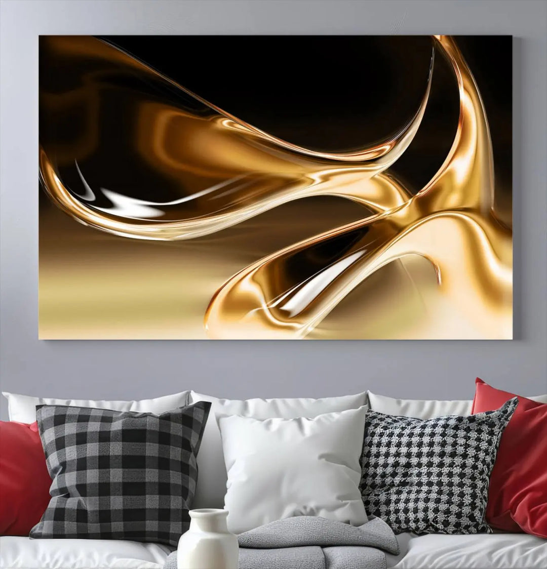 A modern living room features the Liquid Glittered Luxury Gold Canvas Wall Art Print, showcasing abstract art on a museum-quality canvas.