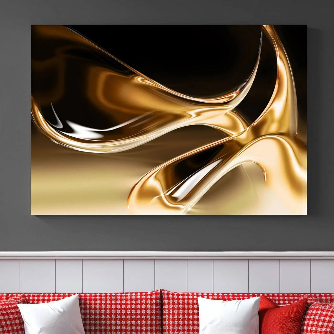 A modern living room features the Liquid Glittered Luxury Gold Canvas Wall Art Print, showcasing abstract art on a museum-quality canvas.